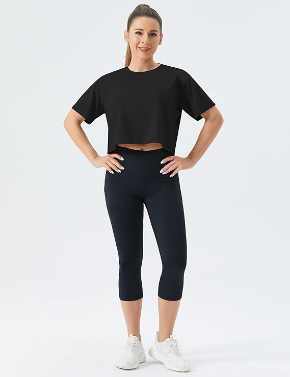 Women's Workout Gym Crop Top T-Shirt Yoga Running Cropped Basic Tee Black