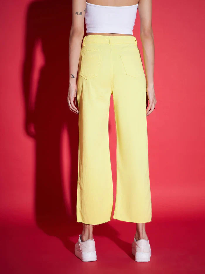 Women Yellow Raw Edge Jeans
