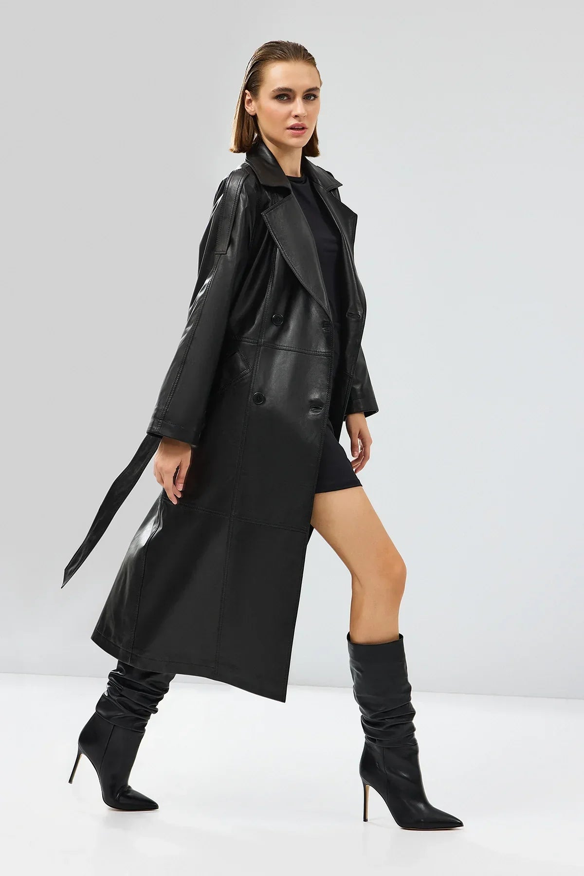 Women's Black Double Breasted Long Leather Trench Coat