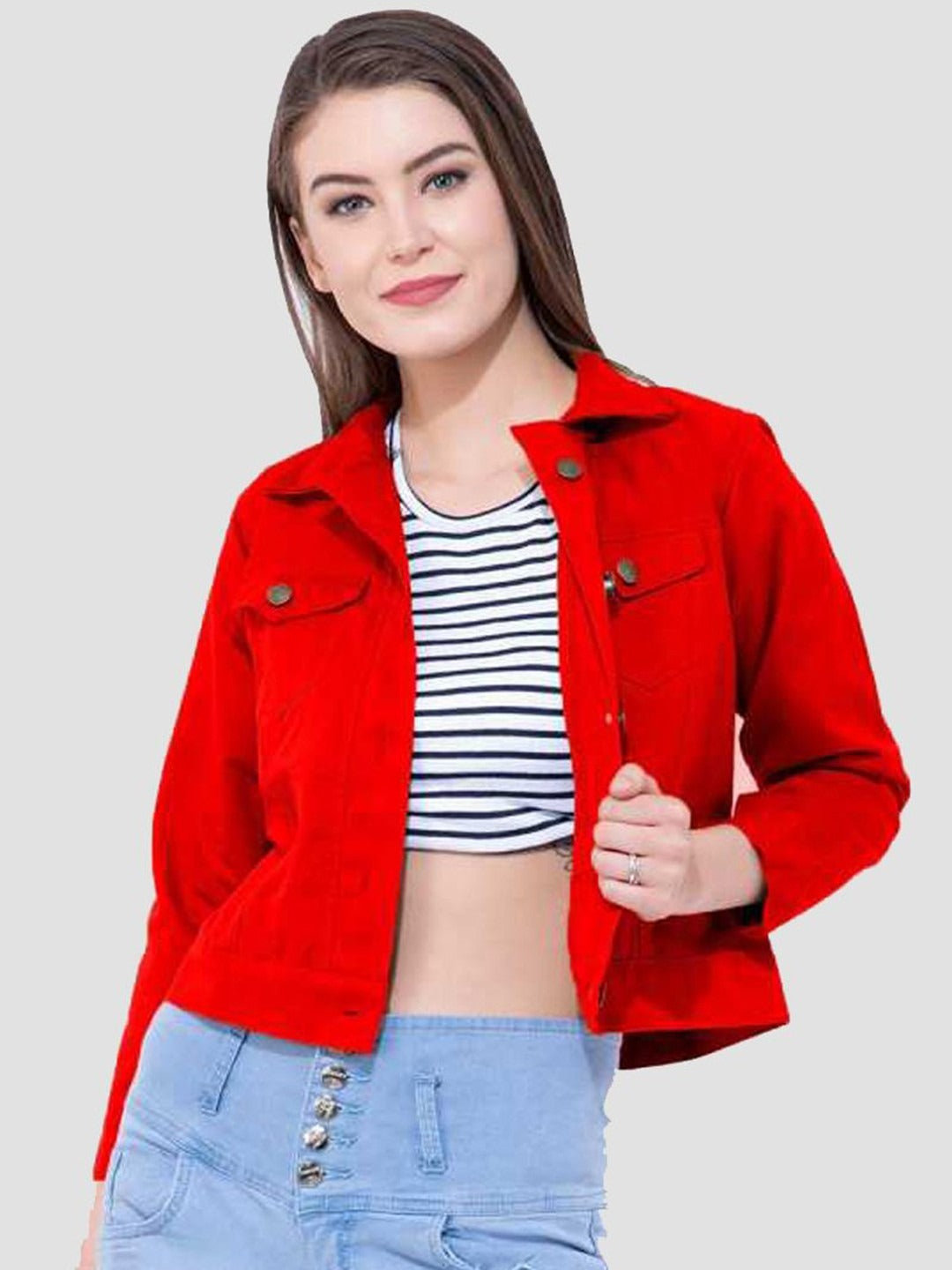 Women Red Cotton Lightweight Crop Denim Jacket – Breathable Summer Streetwear for Pakistan | DENIMS