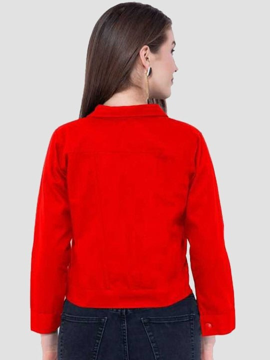 Women Red Cotton Lightweight Crop Denim Jacket – Breathable Summer Streetwear for Pakistan | DENIMS