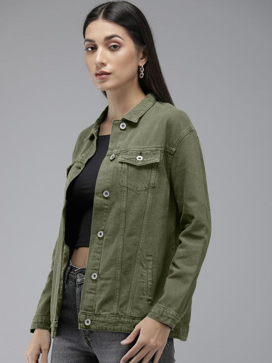 Women Olive Green Solid Boyfriend Denim Trucker