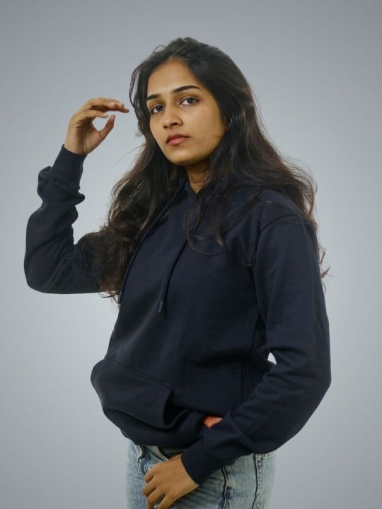 Women Navy Blue Hooded Sweatshirt – Stylish ARROW Graphic Hoodie for Winter in Pakistan