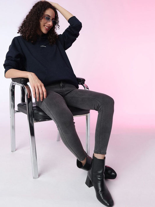 Women Solid Hooded Pullover Ribbed Navy Blue Hoodie – Stylish Winter Wear in Pakistan | DENIMS