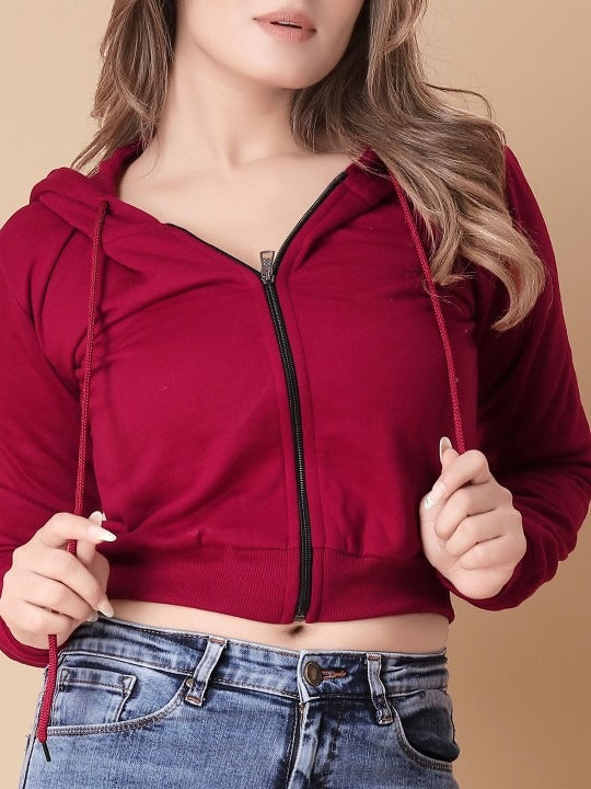Women Solid Hooded Cropped Zipper Hoodie – Cropped Zip-Up, Breathable & Travel-Ready | DENIMS