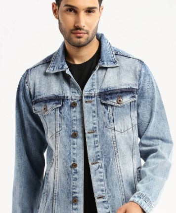 Men's Distressed Light Blue Denim Jacket Stretchable