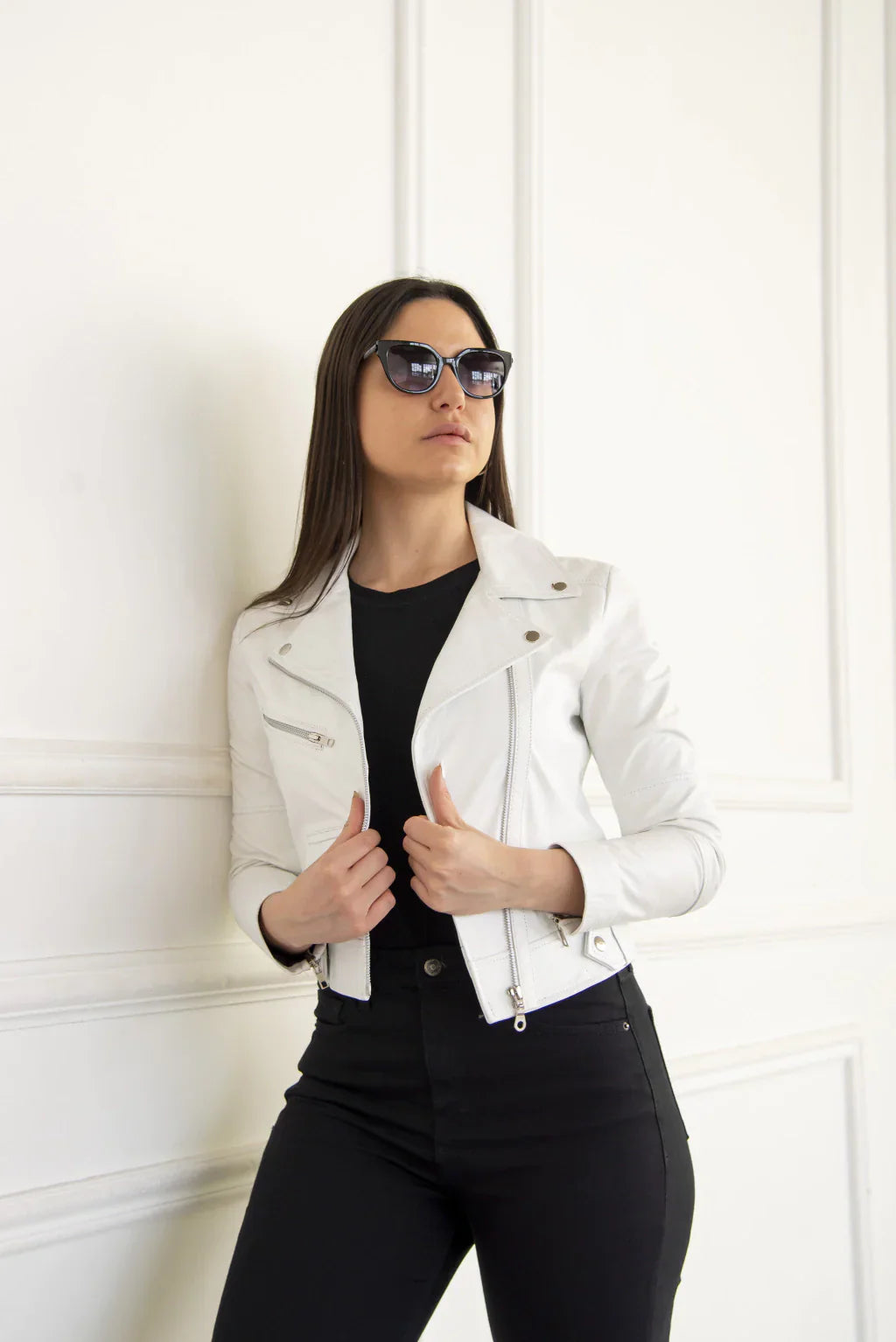 White Women Biker Leather Jacket