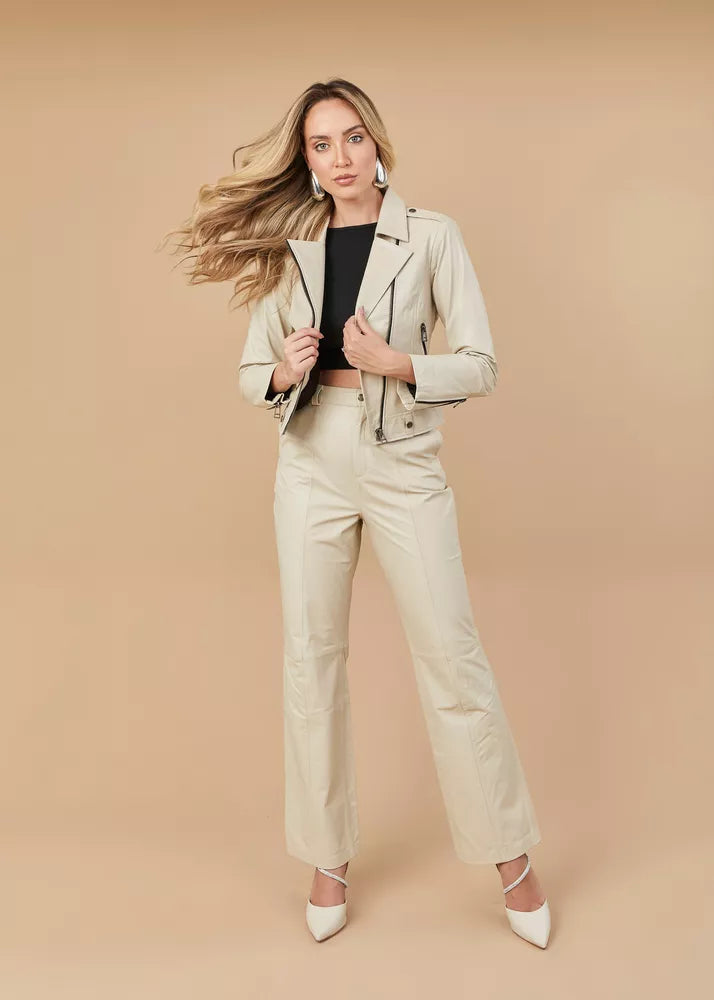 Women's Genuine Leather Jacket Notched Collar