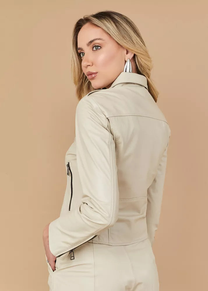 Women's Genuine Leather Jacket Notched Collar