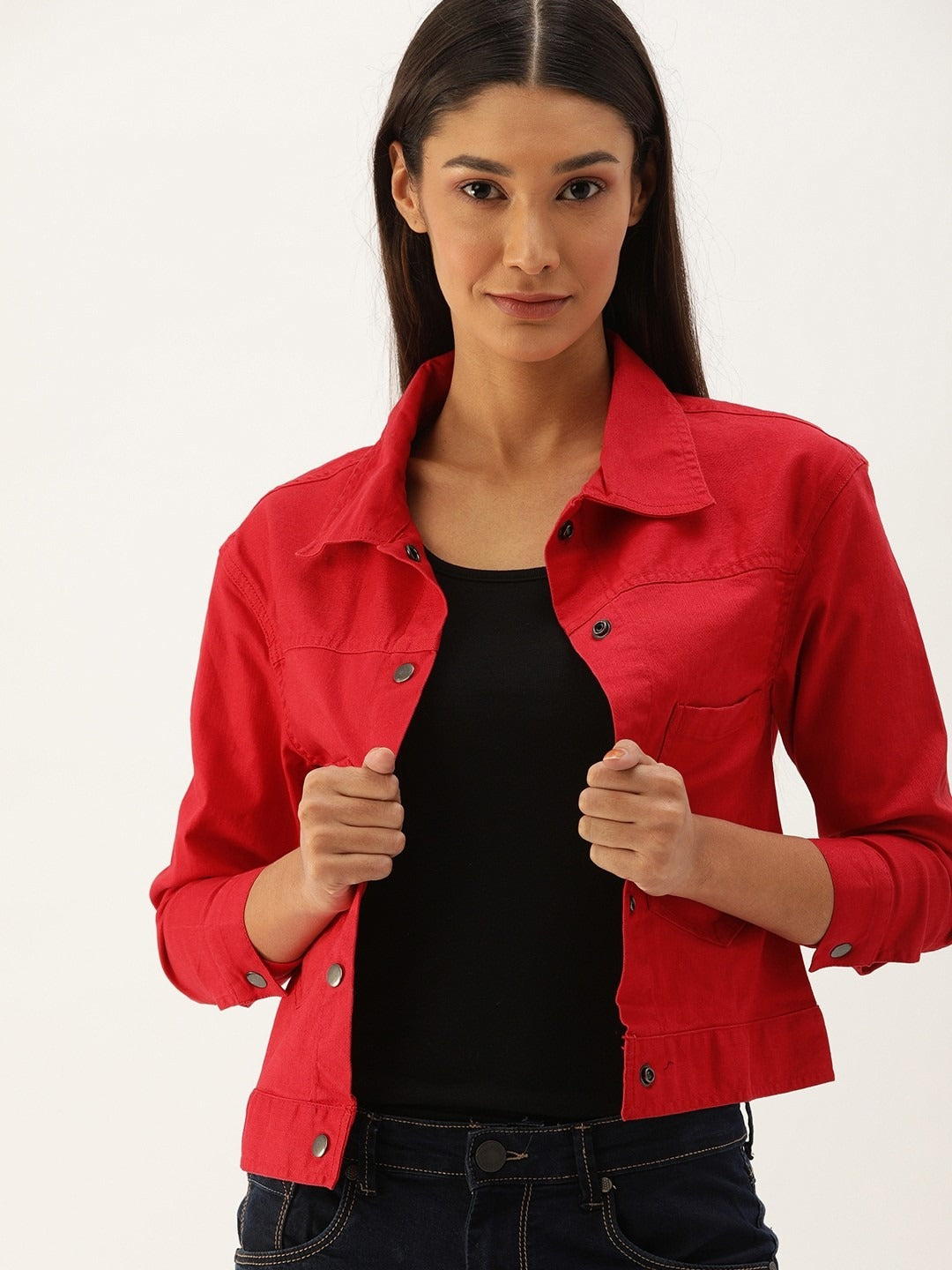 Women Red Solid Denim Jacket by DENIMS – Bold Street Style for Pakistani Fashion
