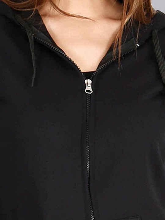 Women Black Hooded Cotton Front-Open Zipper Jacket – Breathable Cotton Zip Hoodie for Pakistan | DENIMS
