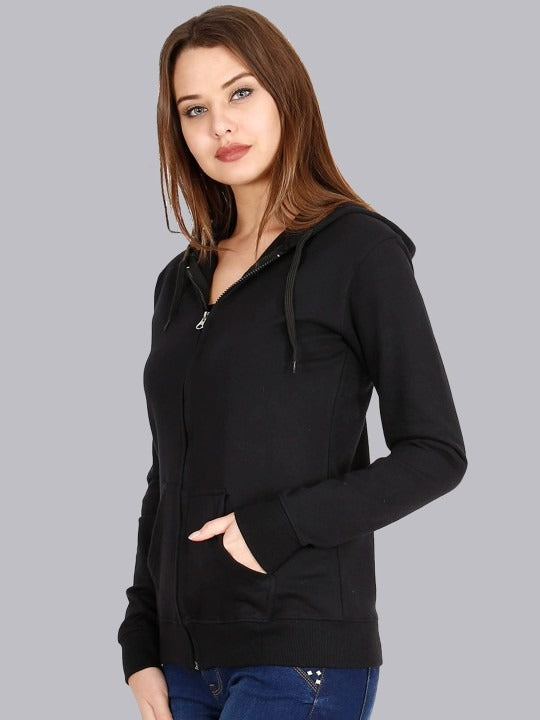 Women Black Hooded Cotton Front-Open Zipper Jacket – Breathable Cotton Zip Hoodie for Pakistan | DENIMS