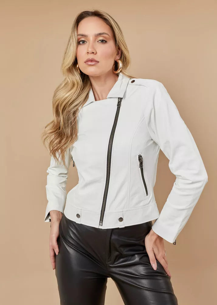 Women's White Leather Jacket Notched Style