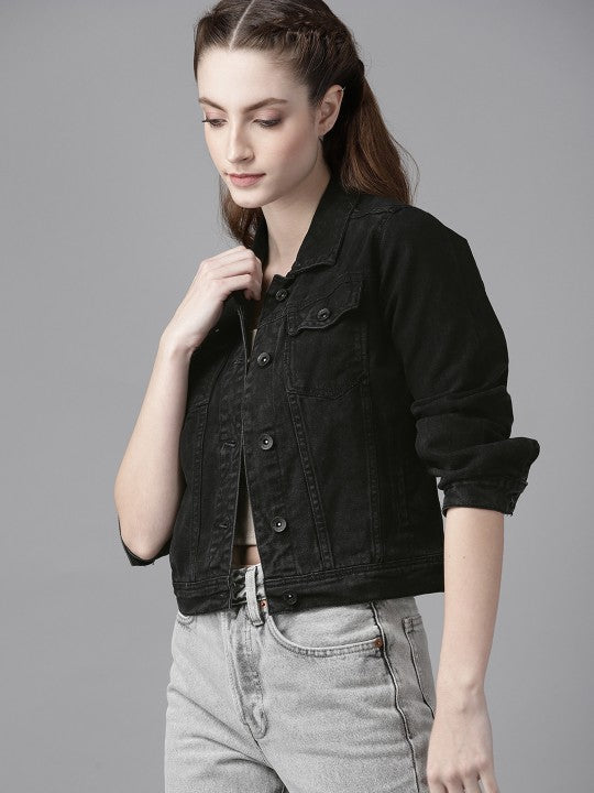 Women Black Solid Denim Jacket