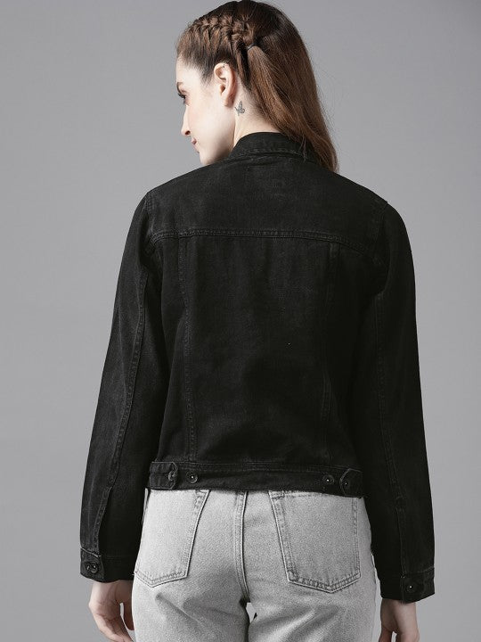 Women Black Solid Denim Jacket