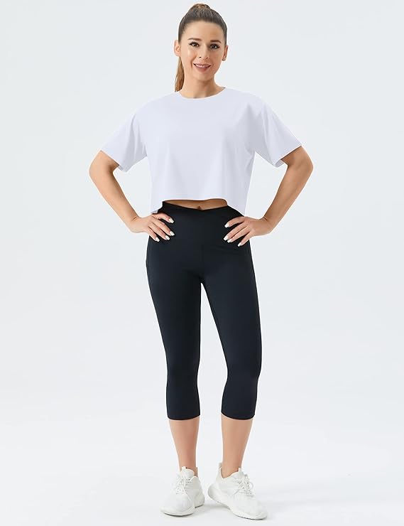 Women's Workout Gym Crop Top T-Shirt Yoga Running Cropped Basic Tee White