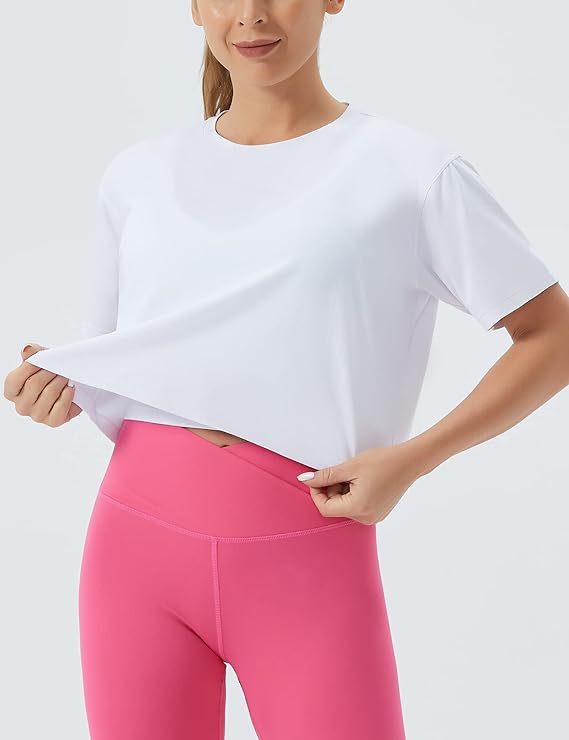 Women's Workout Gym Crop Top T-Shirt Yoga Running Cropped Basic Tee White