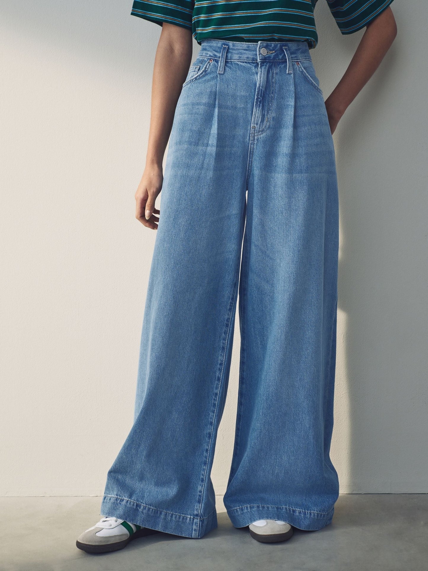 Women Mid Blue Palazzo Wide Leg 100% Cotton Jeans – Trendy Palazzo Denim for Pakistani Women | DENIMS