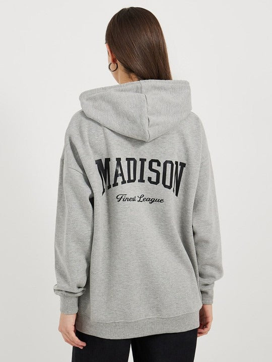 Women’s Longline Slogan Print Pullover Hoodie — Regular Fit with Kangaroo Pocket | DENIMS Pakistan