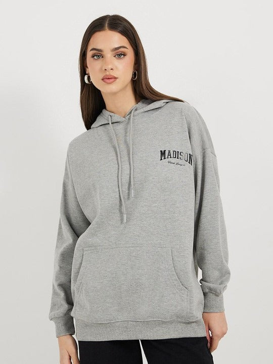 Women’s Longline Slogan Print Pullover Hoodie — Regular Fit with Kangaroo Pocket | DENIMS Pakistan