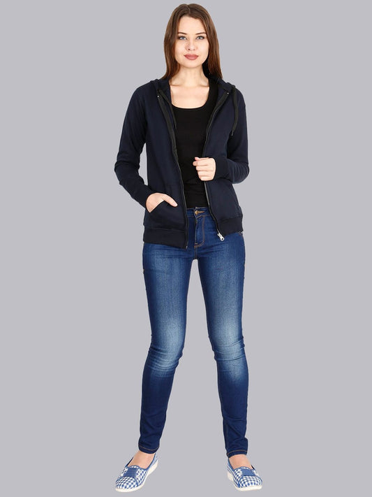 Women Navy Blue Cotton Zipper Hoodie — Full-Zip Cotton Sweatshirt with Kangaroo Pocket | DENIMS Pakistan