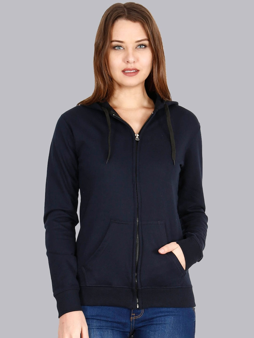 Women Navy Blue Cotton Zipper Hoodie — Full-Zip Cotton Sweatshirt with Kangaroo Pocket | DENIMS Pakistan