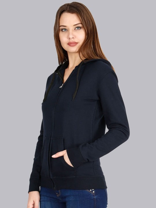 Women Navy Blue Cotton Zipper Hoodie — Full-Zip Cotton Sweatshirt with Kangaroo Pocket | DENIMS Pakistan
