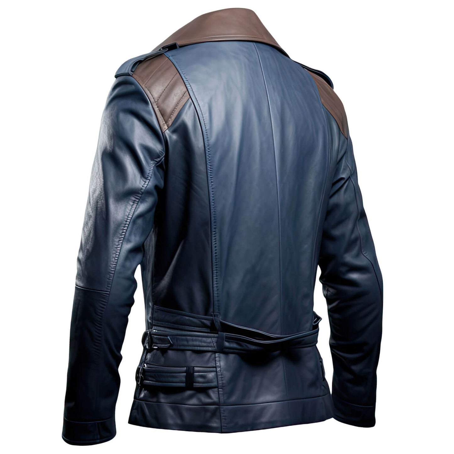 Men's Navy Blue Brown Genuine Sheepskin Notch Lapel Collar Classy Smooth Outfit Double Breasted Leather Trench Coat - Back View - DENIMS