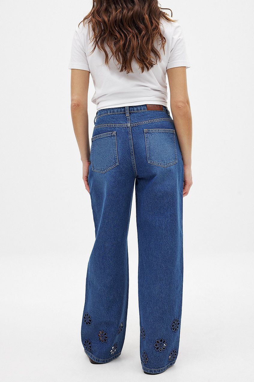 Women Flower Cut Out Mid Waist Jeans – Floral Cutout Denim, Mid-Rise Street Style | DENIMS