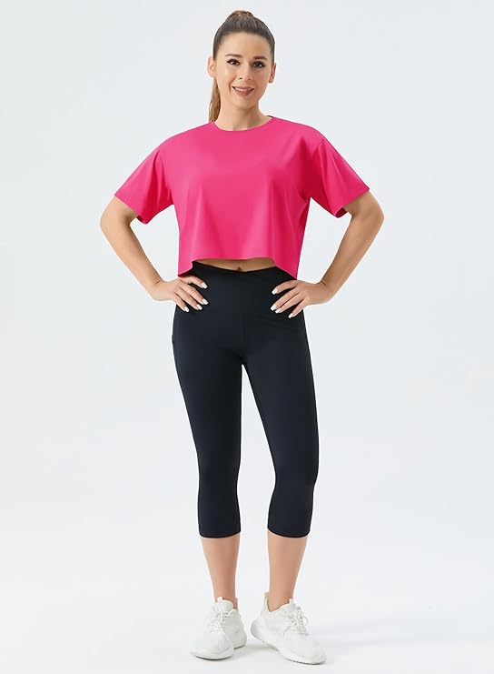 Women's Workout Gym Crop Top T-Shirt Yoga Running Cropped Basic Tee Pink