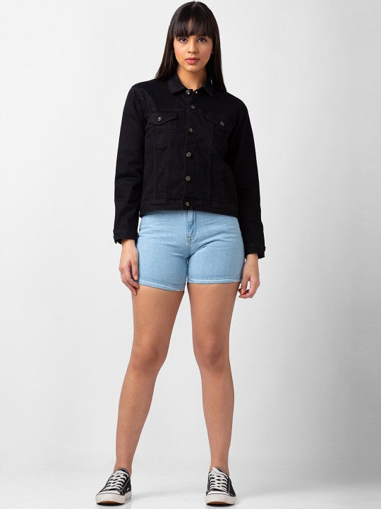 Women Spread Collar Regular Fit Denim Jacket