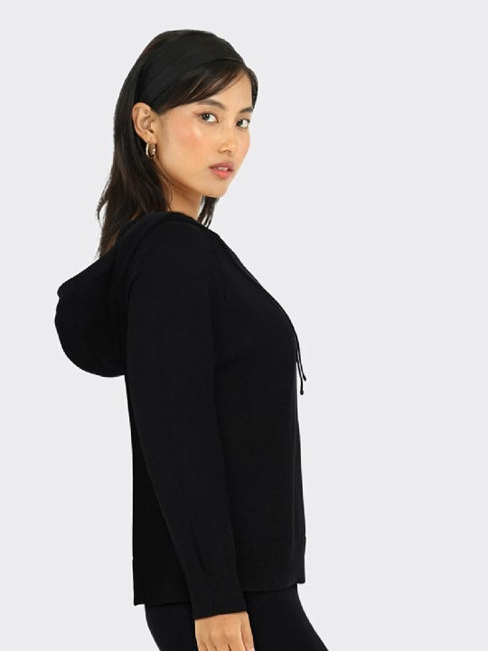 Women Black Hooded Hoodie — Classic Black Pullover with Kangaroo Pocket | DENIMS Pakistan