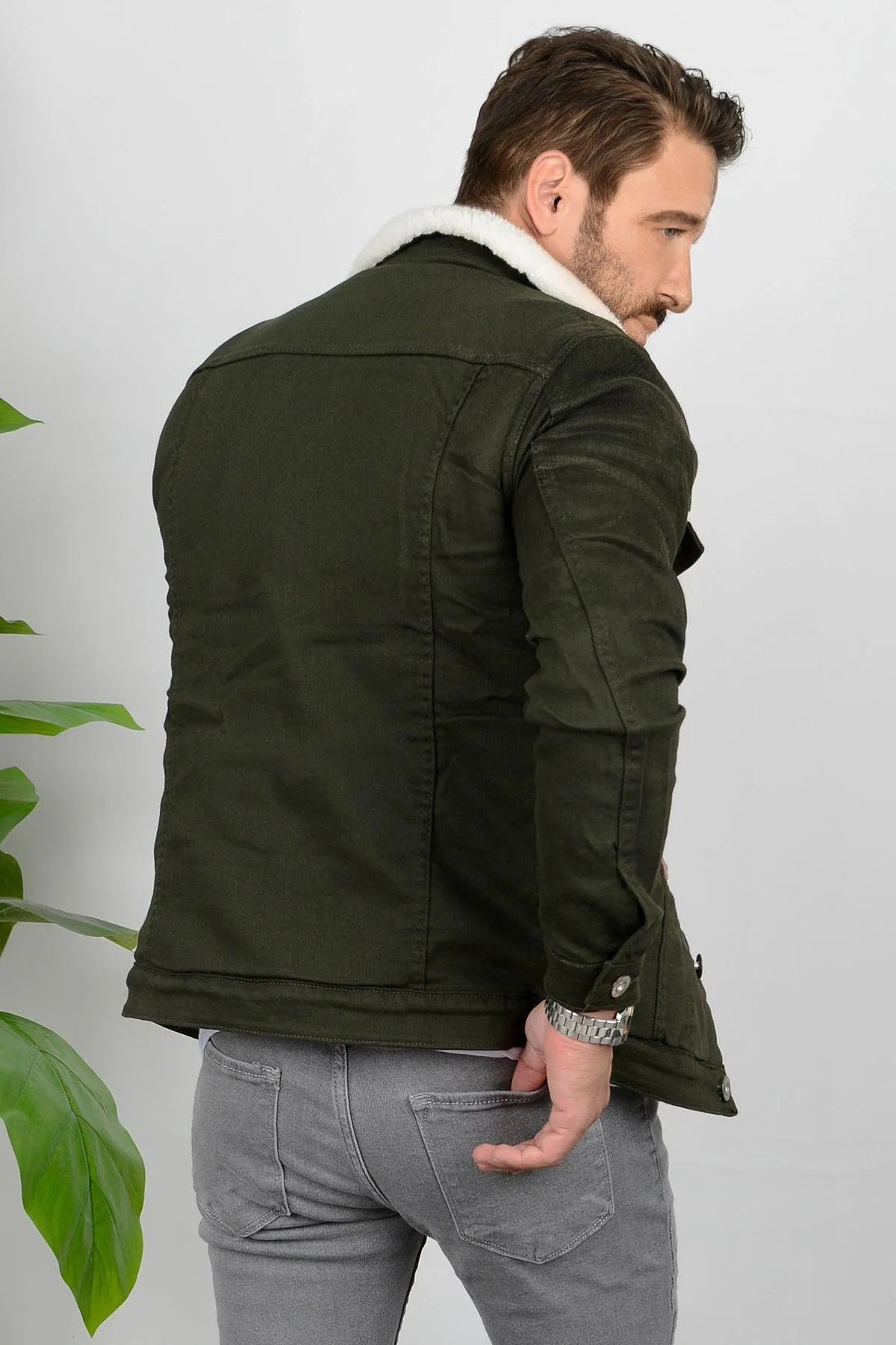 Olive Green Denim Jacket with Full White Fur for Men