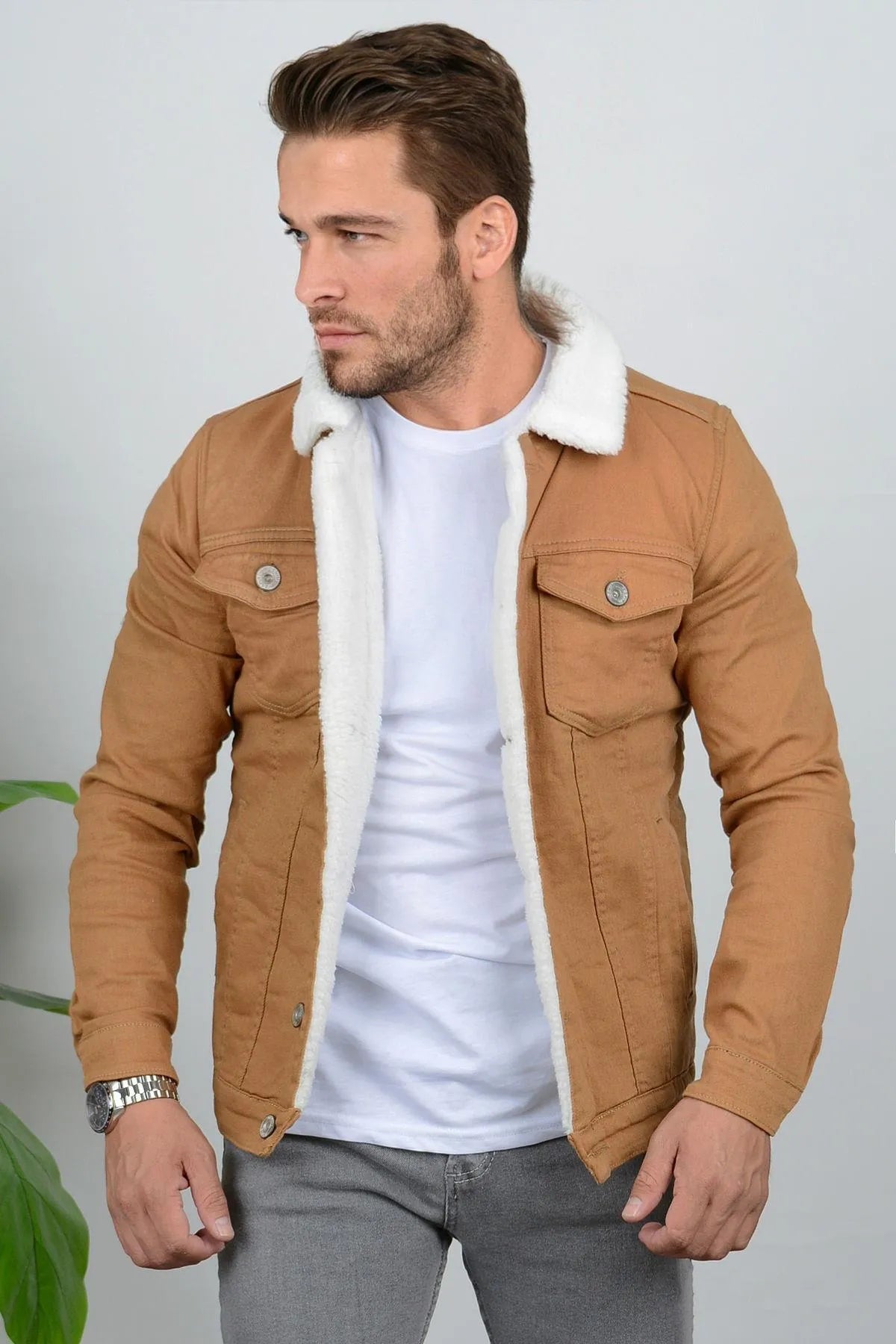 Premium Full White Fur Khaki Denim Jacket for Men