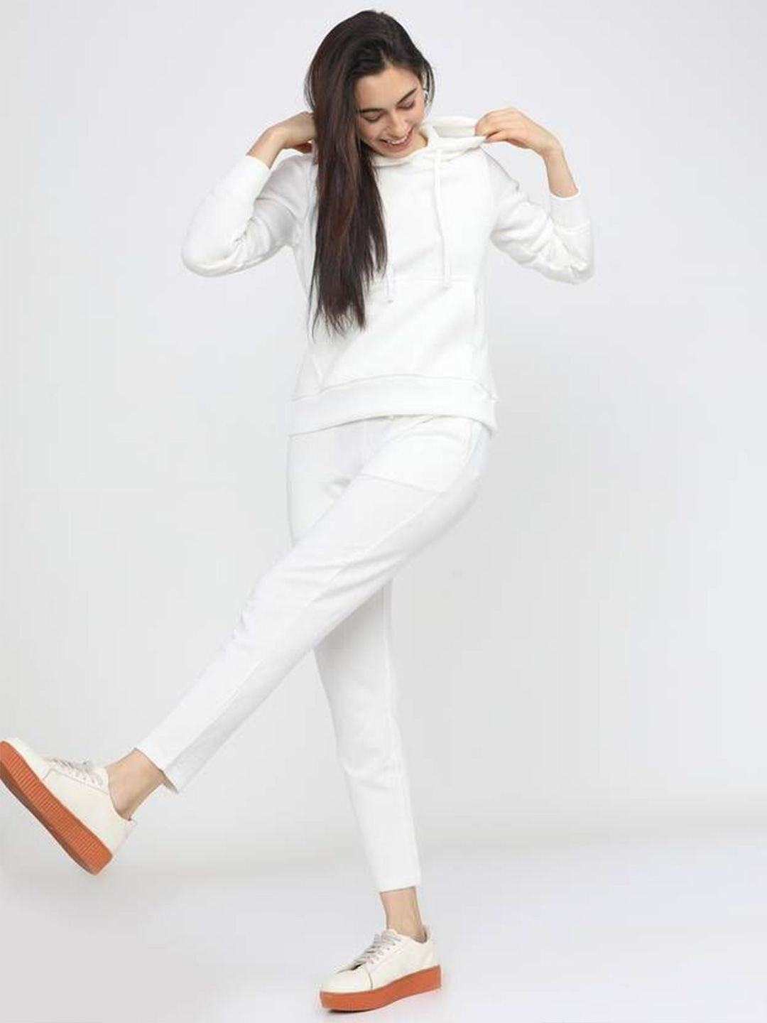 Women Hooded White Hoodie — Classic White Cotton Pullover with Kangaroo Pocket | DENIMS Pakistan