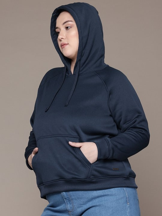 Women Navy Blue Solid Hooded Hoodie — Classic Cotton Pullover with Kangaroo Pocket | DENIMS Pakistan