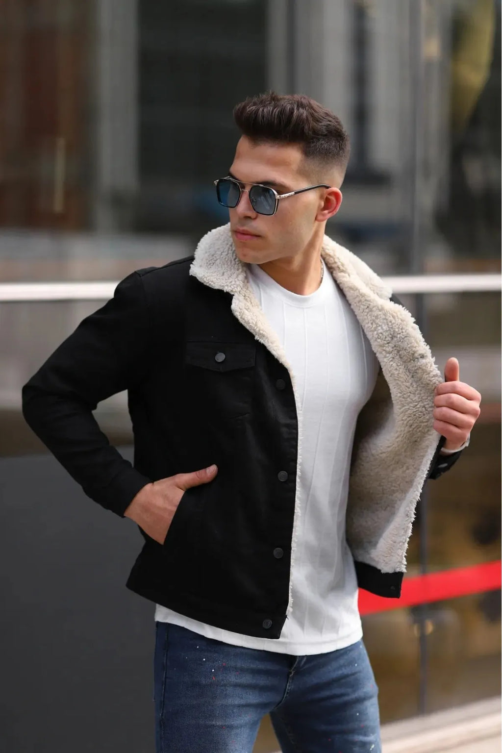 Black Denim Jacket with Full White Sherpa (Fur)