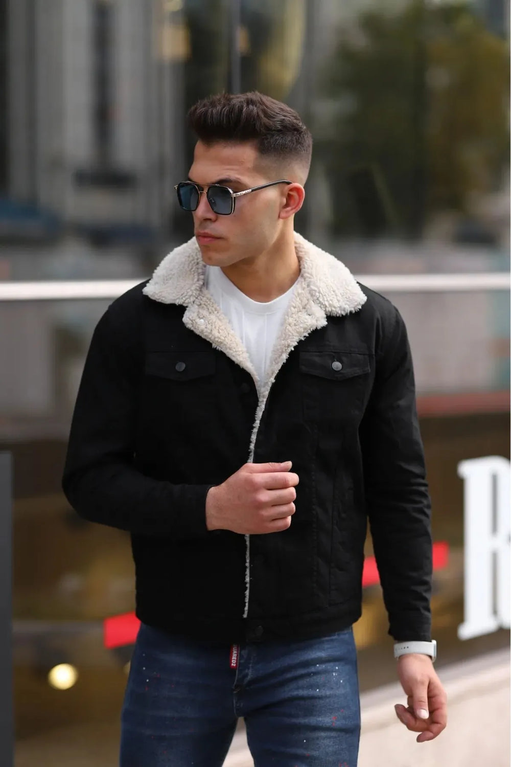 Black Denim Jacket with Full White Sherpa (Fur)
