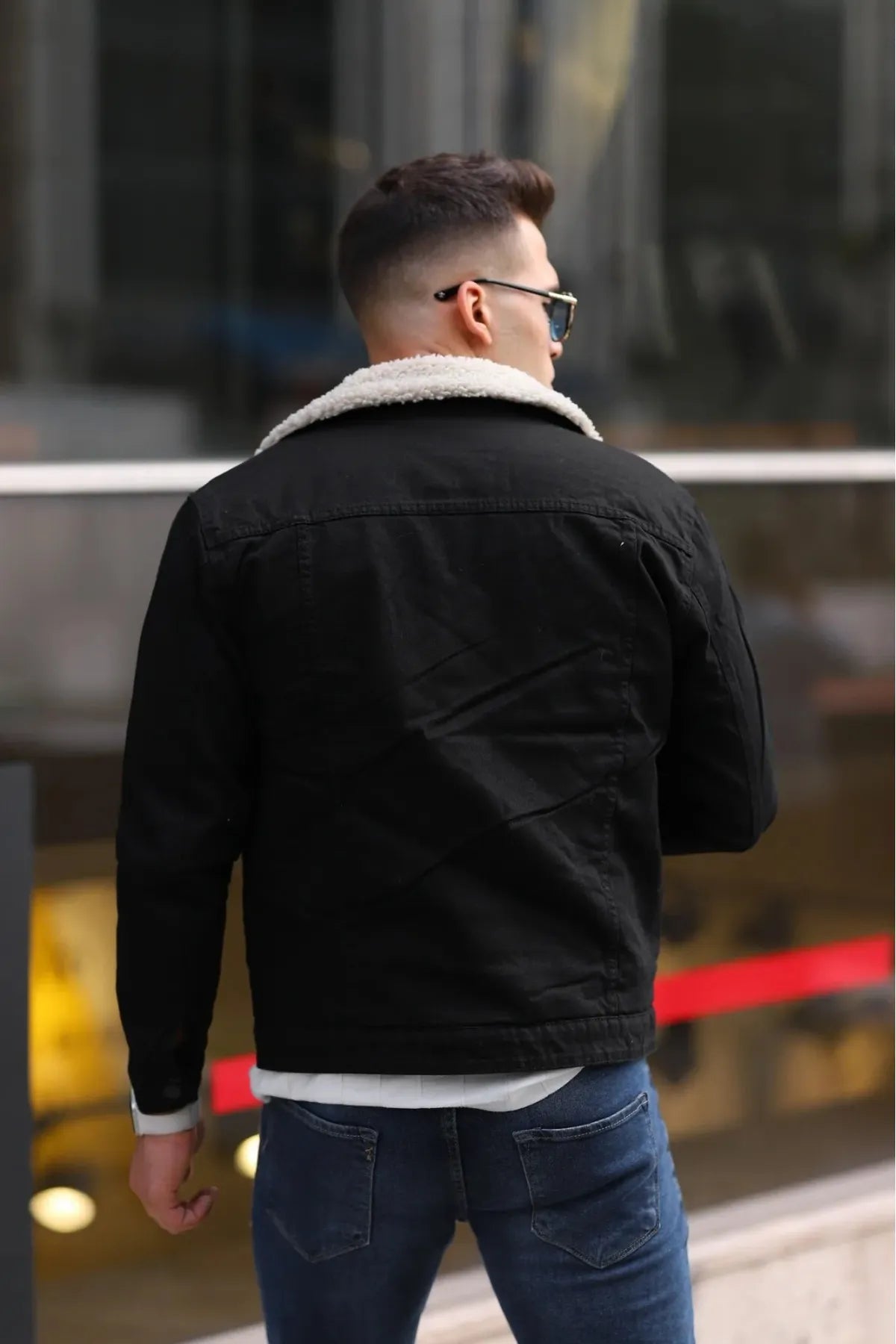 Black Denim Jacket with Full White Sherpa (Fur)