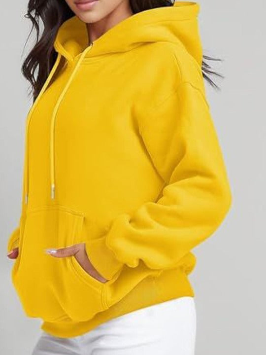 Women Yellow Hooded Hoodie — Bright Yellow Cotton Pullover with Kangaroo Pocket | DENIMS Pakistan