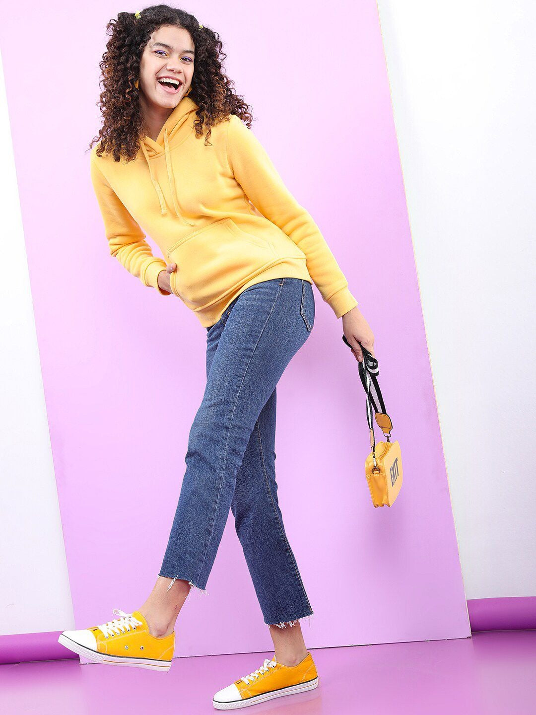 Women Yellow Hooded Hoodie — Bright Cotton Pullover with Kangaroo Pocket | DENIMS Pakistan