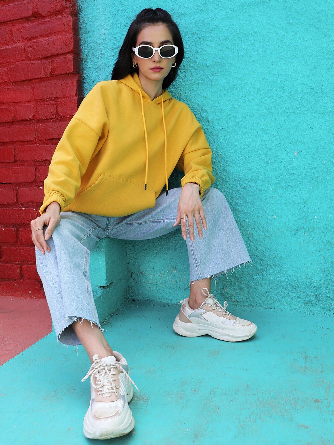 Women Yellow Hooded Hoodie — Bright Cotton Pullover with Kangaroo Pocket | DENIMS Pakistan