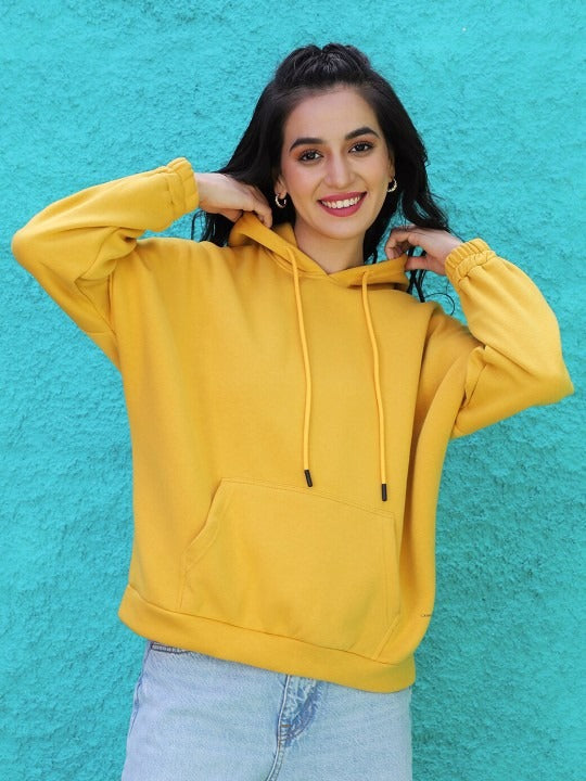 Women Yellow Hooded Hoodie — Bright Cotton Pullover with Kangaroo Pocket | DENIMS Pakistan