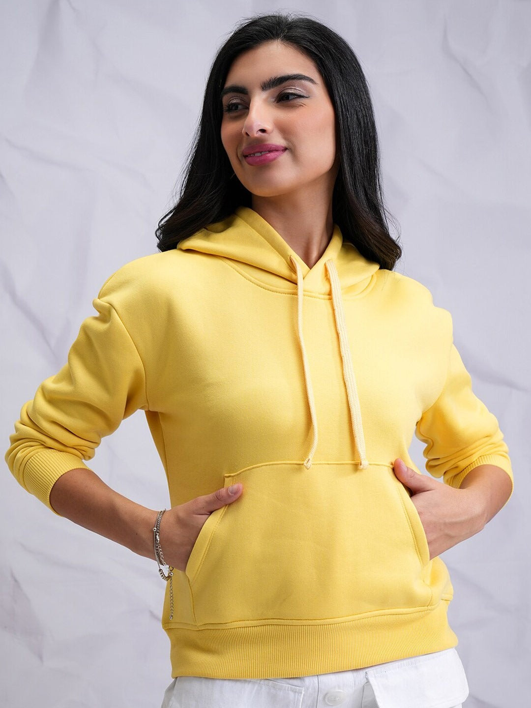 Yellow Relaxed Hooded Pullover Hoodie for Women — Casual Cotton-Blend Sweatshirt | DENIMS Pakistan