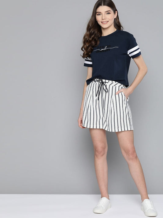 Women Navy Printed Pure Cotton Round Neck T-shirt