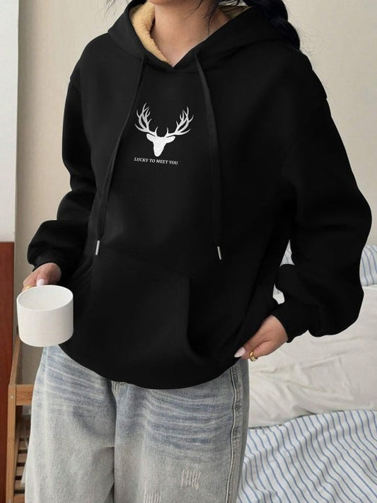 Women Printed Black Hooded Hoodie — Graphic Pullover with Kangaroo Pocket | DENIMS Pakistan