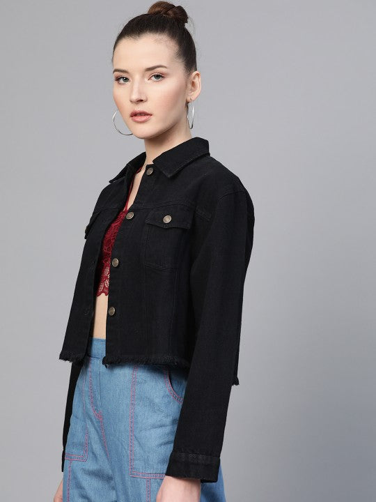Women Black Solid Fringed Hem Denim Jacket