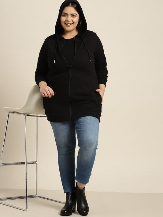 Women Plus Size Black Solid Hooded Zipper | Plus Size Zip Hoodie for Women Pakistan