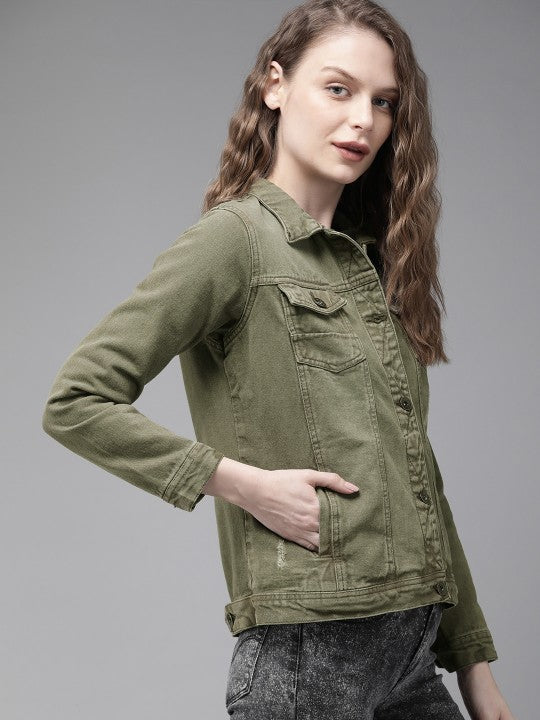 The Lifestyle Co Women Olive Green Solid Denim Jacket