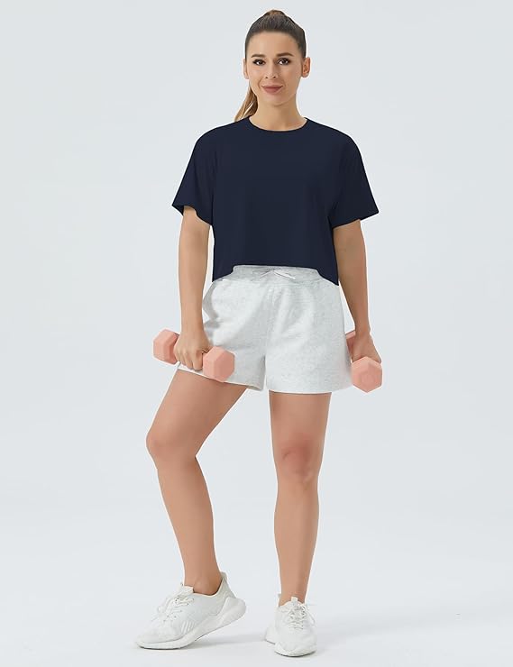 Women's Workout Gym Crop Top T-Shirt Yoga Running Cropped Basic Tee Navy Blue